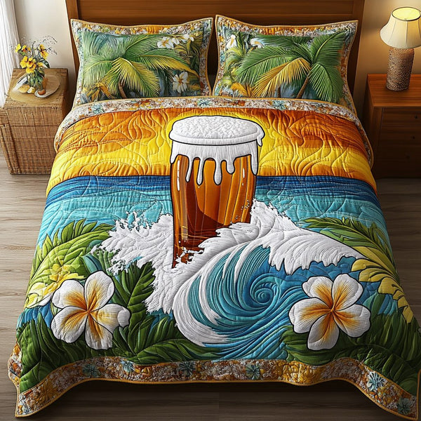 Sip by Sea quilted 3-piece bedding set on a made bed in a light coastal bedroom