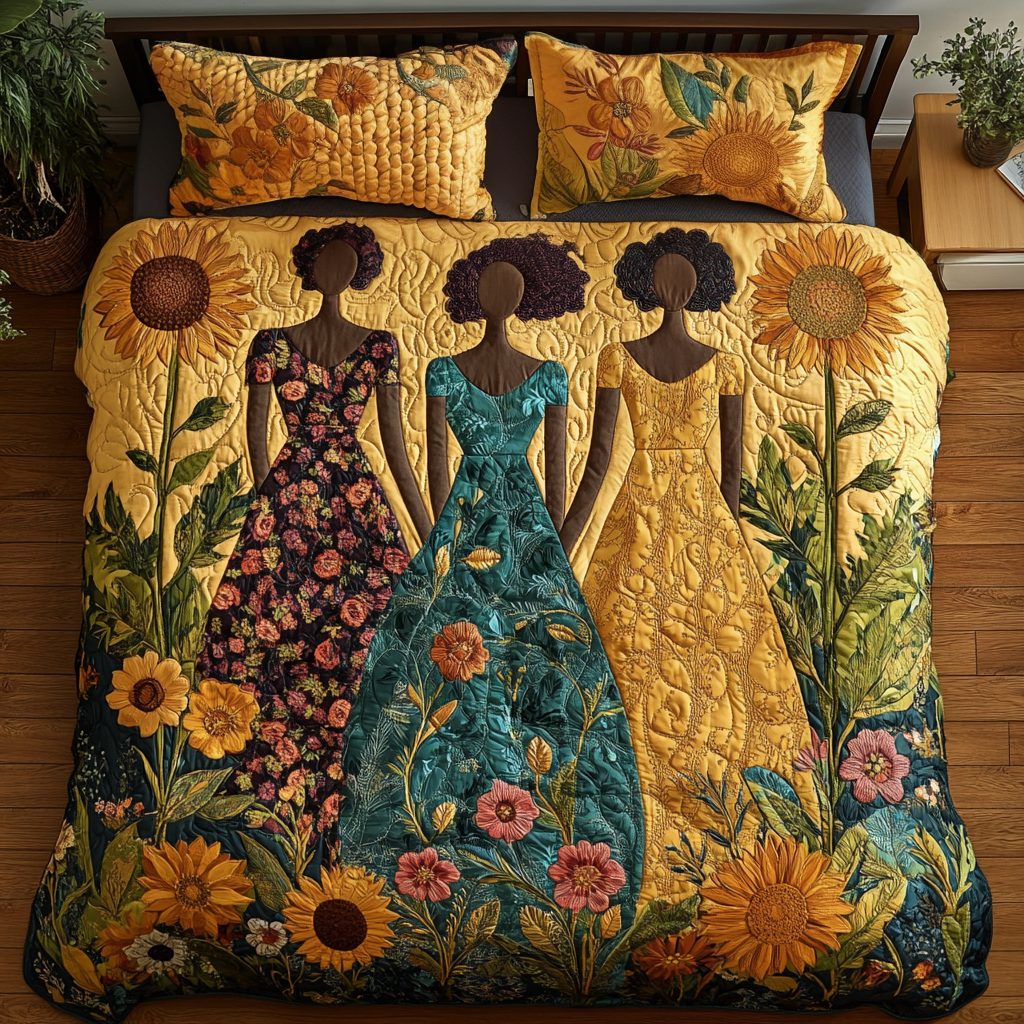 Sister Bloom quilted 3-piece bedding set on a made bed with two matching pillow shams