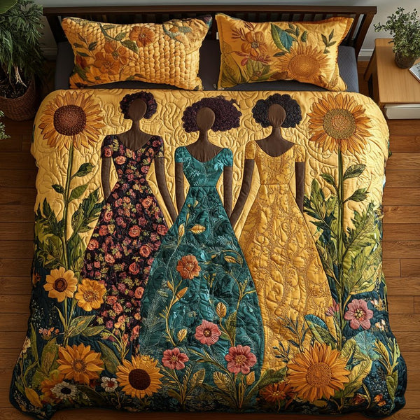Sister Bloom quilted 3-piece bedding set on a made bed with two matching pillow shams