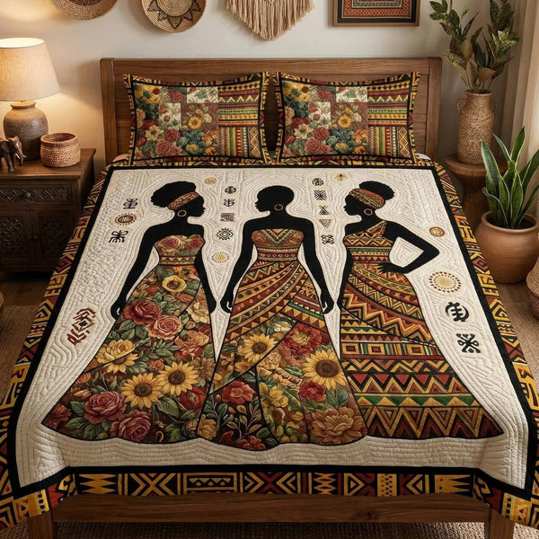 Sister Bloom quilted 3-piece bedding set on a made bed with two matching pillow shams