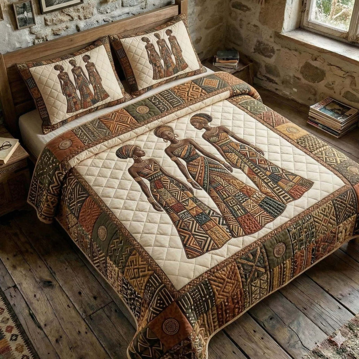 Sister Rhythm quilted 3-piece bedding set on a made bed with two matching pillow shams