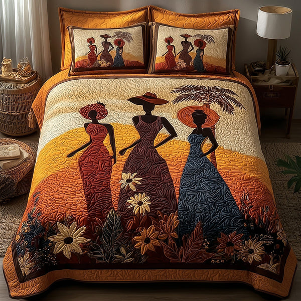 Sisters of the Sun quilted 3-piece bedding set on a made bed with two matching pillow shams