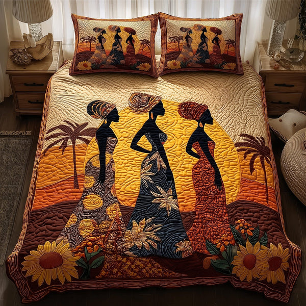 Sisters of the Sun quilted 3-piece bedding set on a made bed with two matching pillow shams