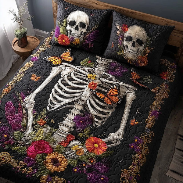 Skeleton Blooming quilted 3-piece bedding set on a made bed against a dark styled interior