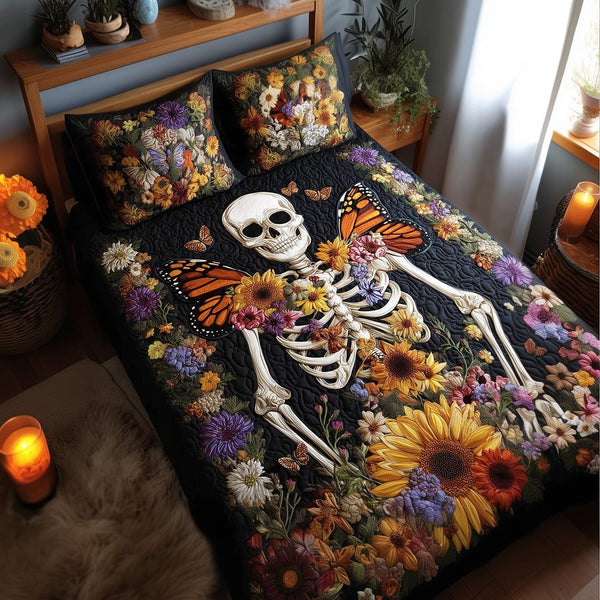 Skeleton Blossom quilted 3-piece bedding set on a made bed against a dark styled interior