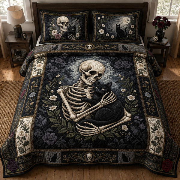 Skeleton Cat quilted 3-piece bedding set on a made bed against a dark styled interior