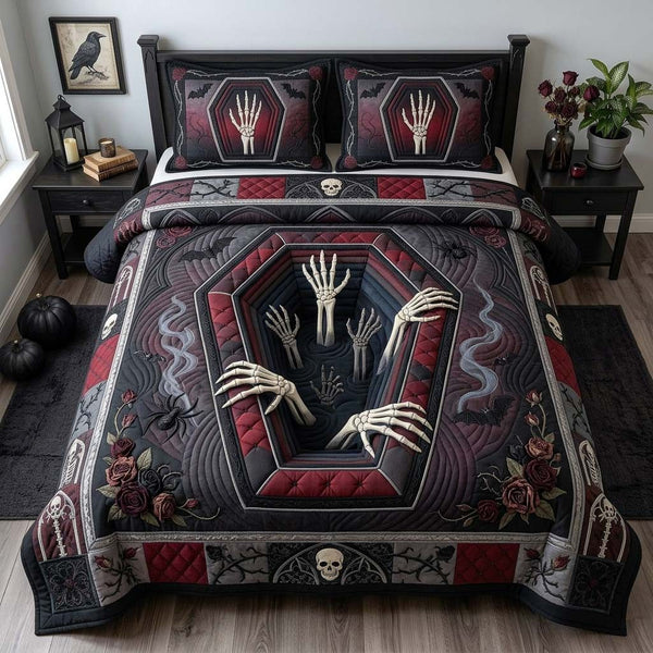 Skeleton Coffin Hands quilted 3-piece bedding set on a made bed against a dark styled interior
