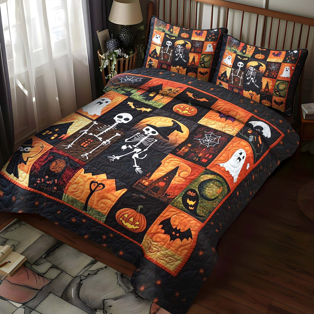 Skeleton Dance quilted 3-piece bedding set on a made bed against a dark styled interior