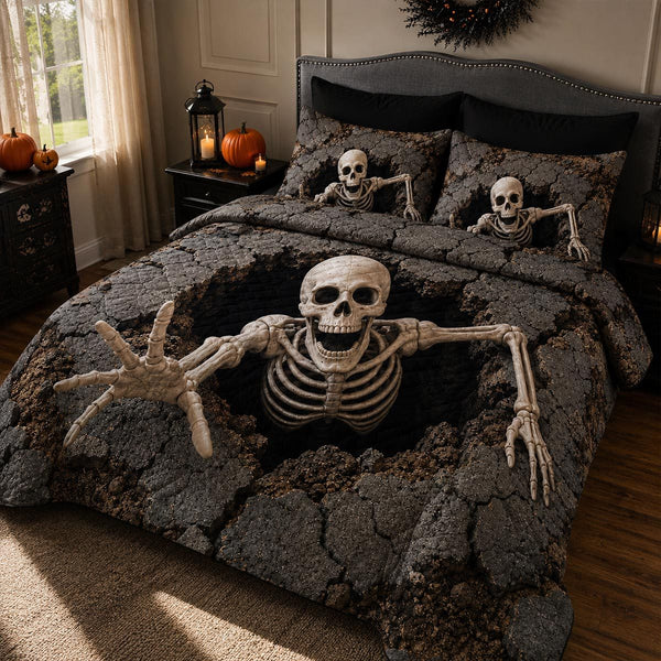 Skeleton Escape quilted 3-piece bedding set on a made bed against a dark styled interior