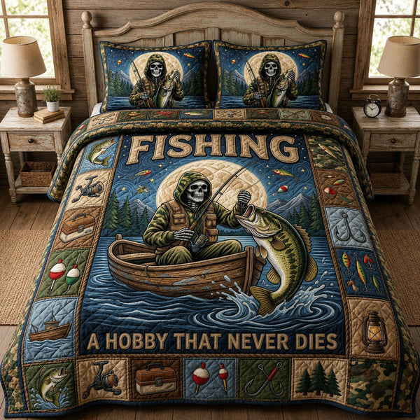 Skeleton Fisherman quilted 3-piece bedding set on a made bed against a dark styled interior