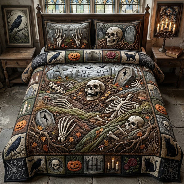 Skeleton Garden quilted 3-piece bedding set on a made bed against a dark styled interior