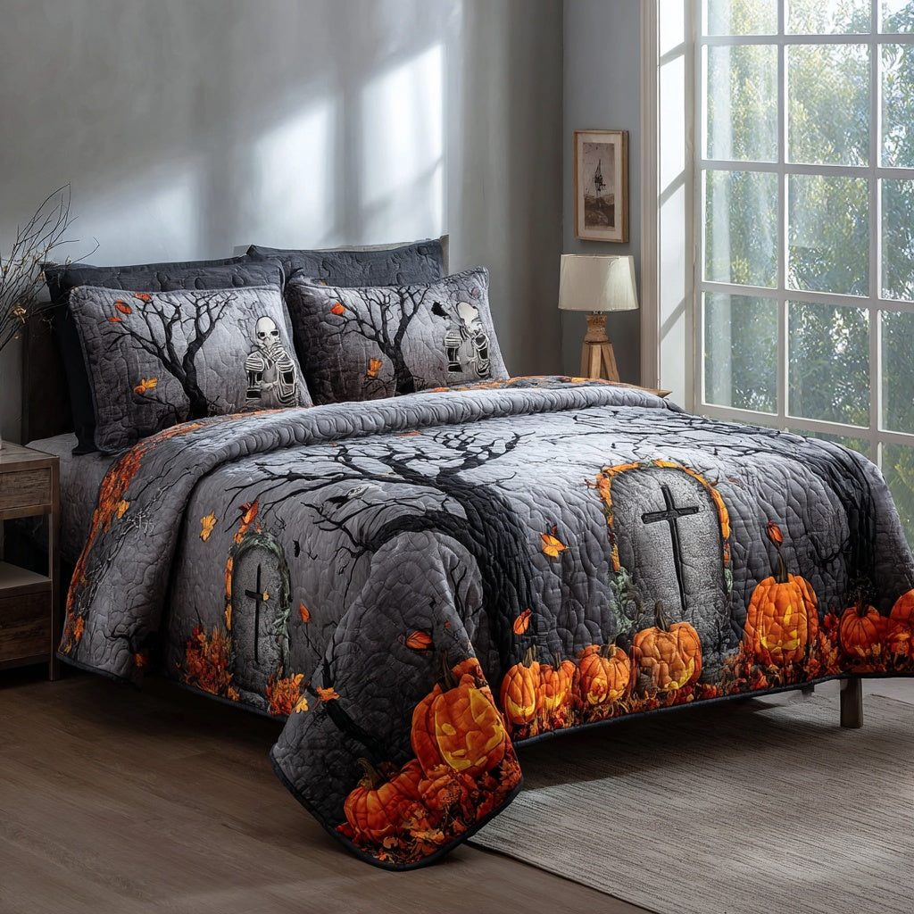 Skeleton Grave Shadows quilted 3-piece bedding set on a made bed against a dark styled interior