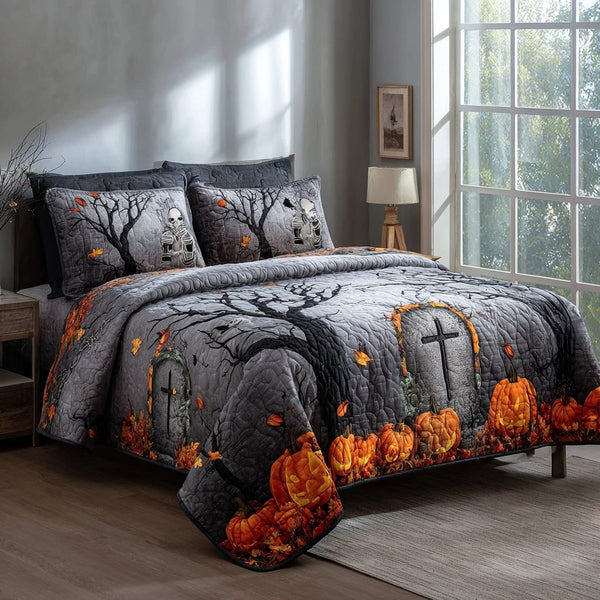 Skeleton Grave Shadows quilted 3-piece bedding set on a made bed against a dark styled interior
