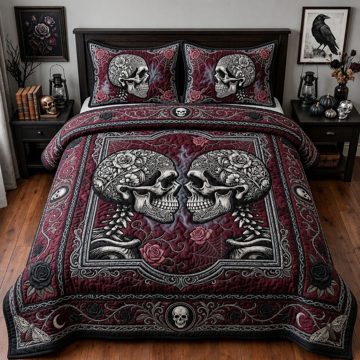 Skeleton Lovers quilted 3-piece bedding set on a made bed against a dark styled interior