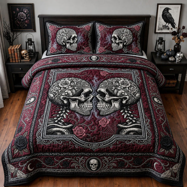 Skeleton Lovers quilted 3-piece bedding set on a made bed against a dark styled interior