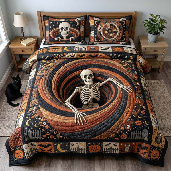 Skeleton Portal quilted 3-piece bedding set on a made bed against a dark styled interior