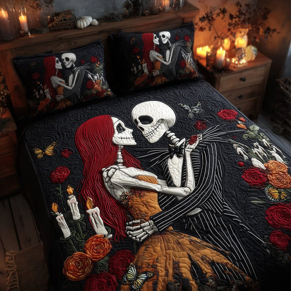 Skeleton Romance quilted 3-piece bedding set on a made bed against a dark styled interior