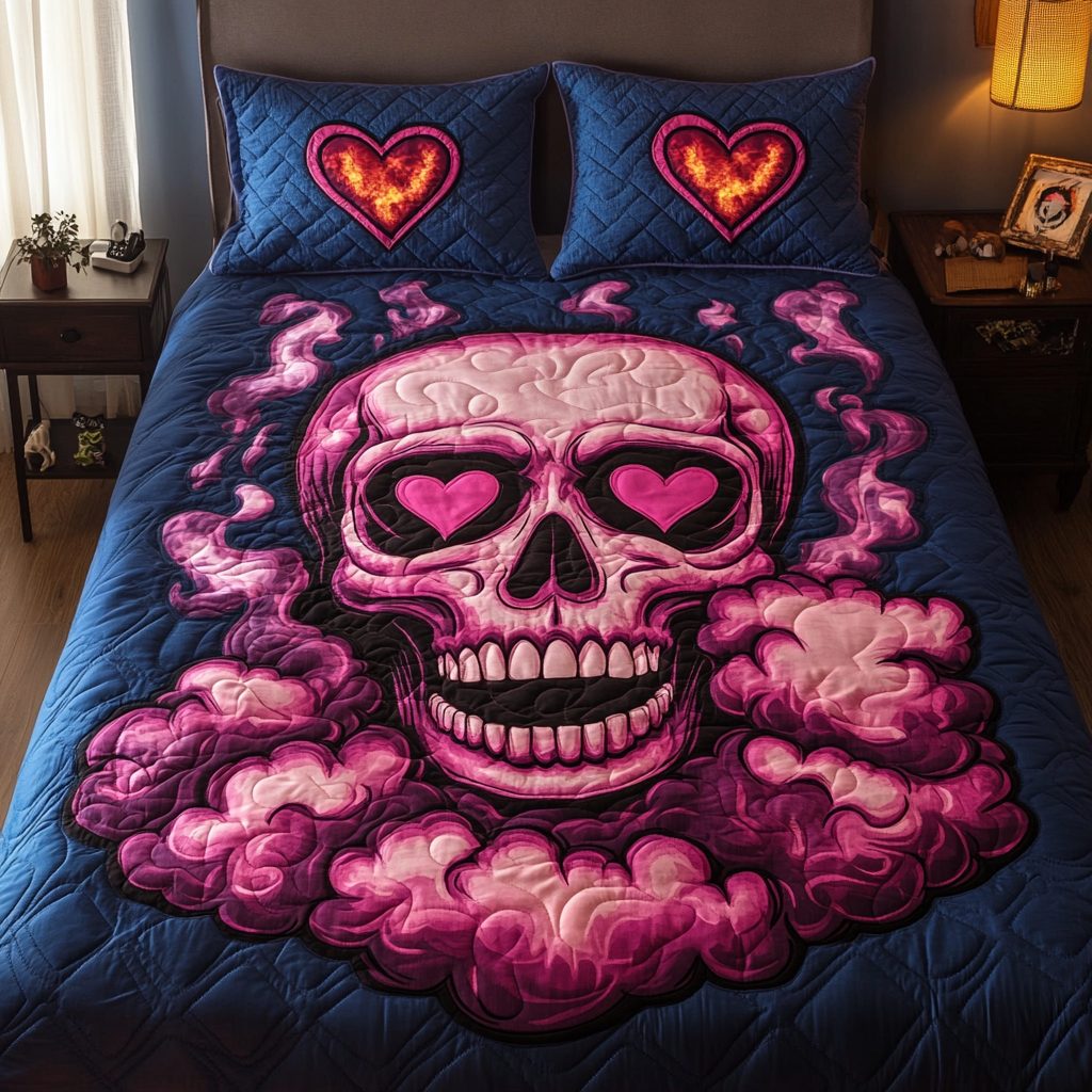 Skeleton Serenity quilted 3-piece bedding set on a made bed against a dark styled interior