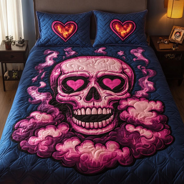 Skeleton Serenity quilted 3-piece bedding set on a made bed against a dark styled interior