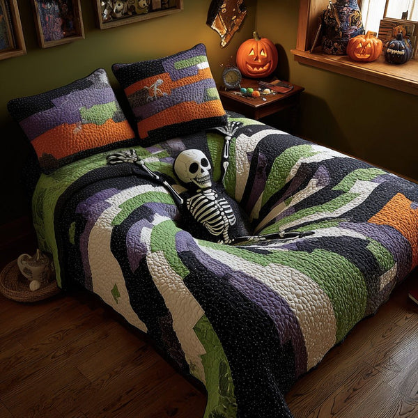 Skeleton Spiral quilted 3-piece bedding set on a made bed against a dark styled interior