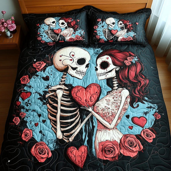 Skeletons in Love quilted 3-piece bedding set on a made bed against a dark styled interior