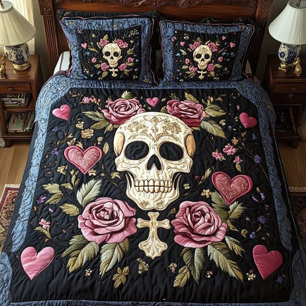 Skull Affection quilted 3-piece bedding set on a made bed against a dark styled interior