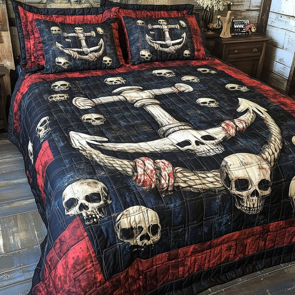 Skull Anchor quilted 3-piece bedding set on a made bed against a dark styled interior