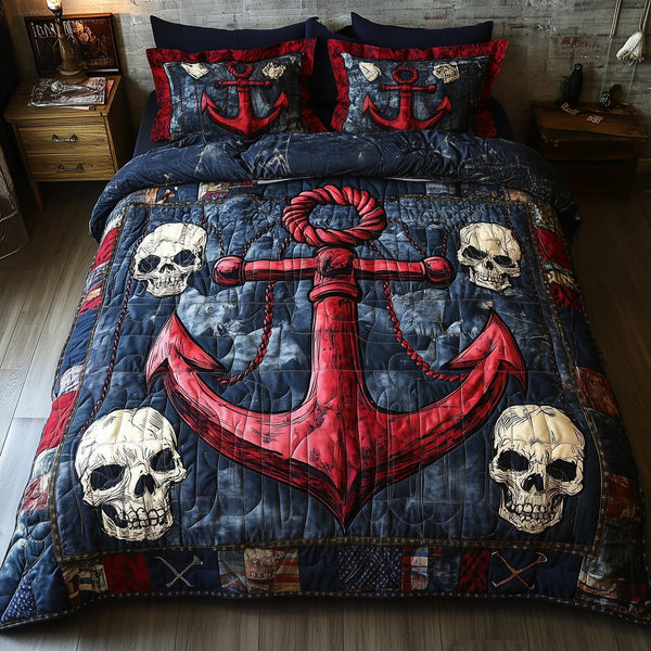 Skull Anchor quilted 3-piece bedding set on a made bed against a dark styled interior