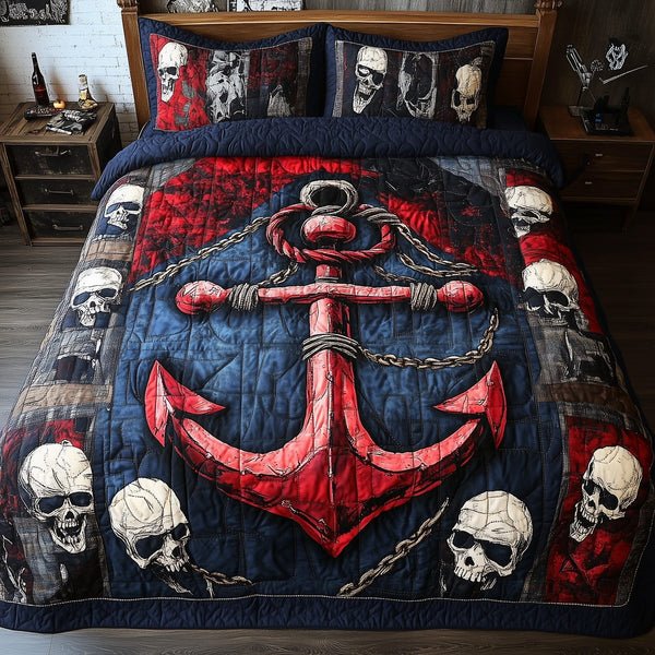 Skull Anchor quilted 3-piece bedding set on a made bed against a dark styled interior