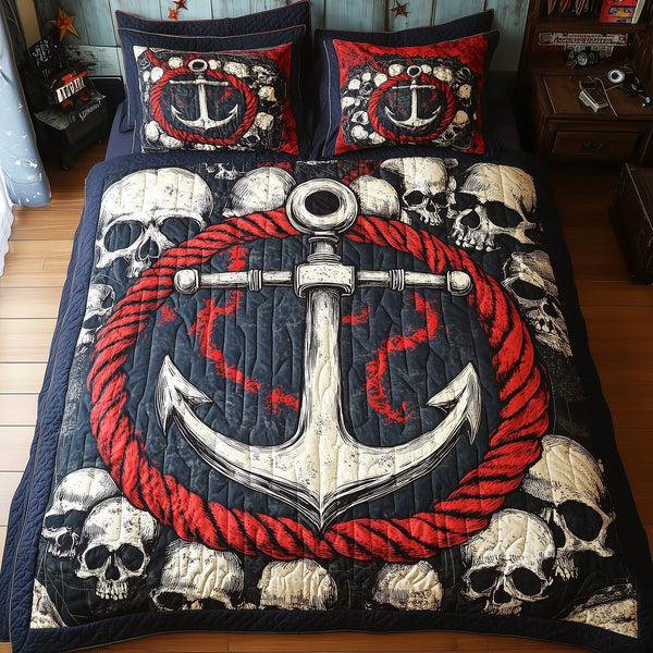 Skull Anchor quilted 3-piece bedding set on a made bed against a dark styled interior