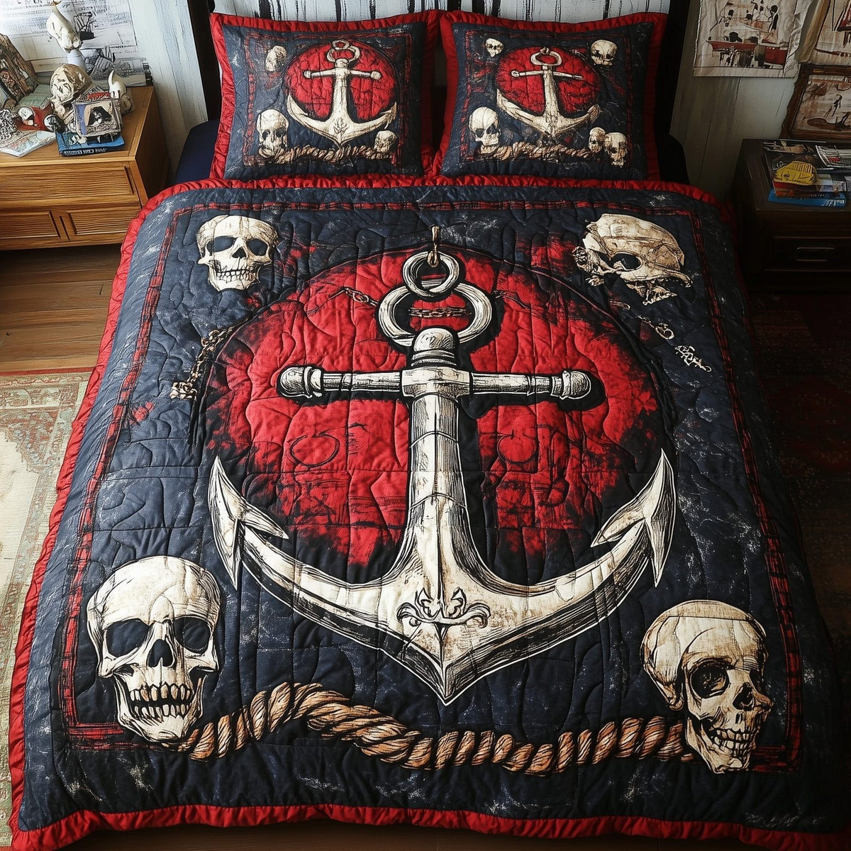 Skull Anchor quilted 3-piece bedding set on a made bed against a dark styled interior