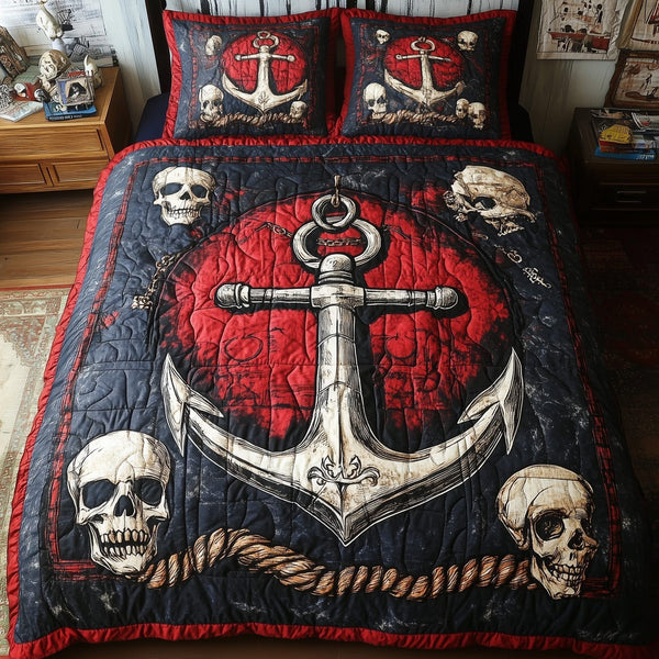 Skull Anchor quilted 3-piece bedding set on a made bed against a dark styled interior