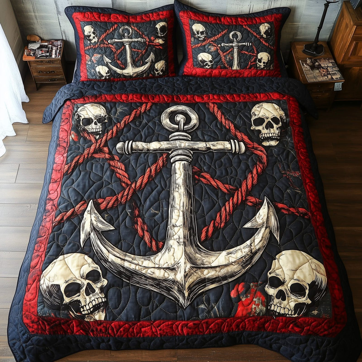 Skull Anchor quilted 3-piece bedding set on a made bed against a dark styled interior