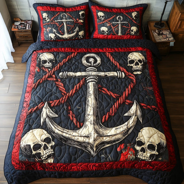 Skull Anchor quilted 3-piece bedding set on a made bed against a dark styled interior