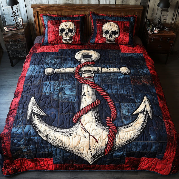Skull Anchor quilted 3-piece bedding set on a made bed against a dark styled interior
