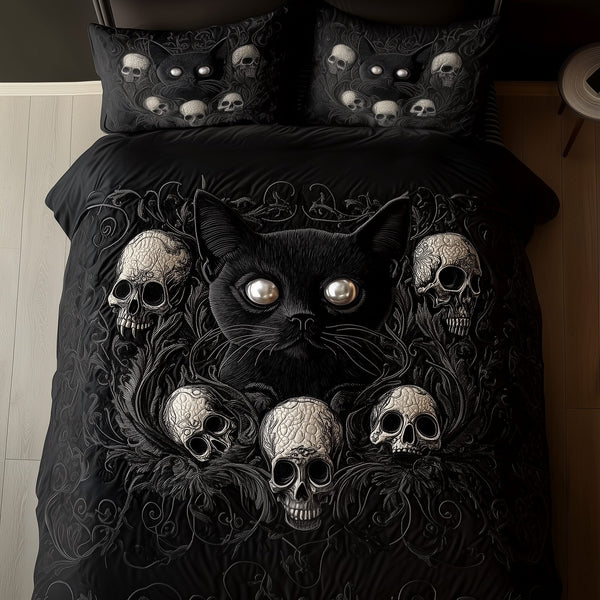 Skull And Black Cat quilted 3-piece bedding set on a made bed against a dark styled interior