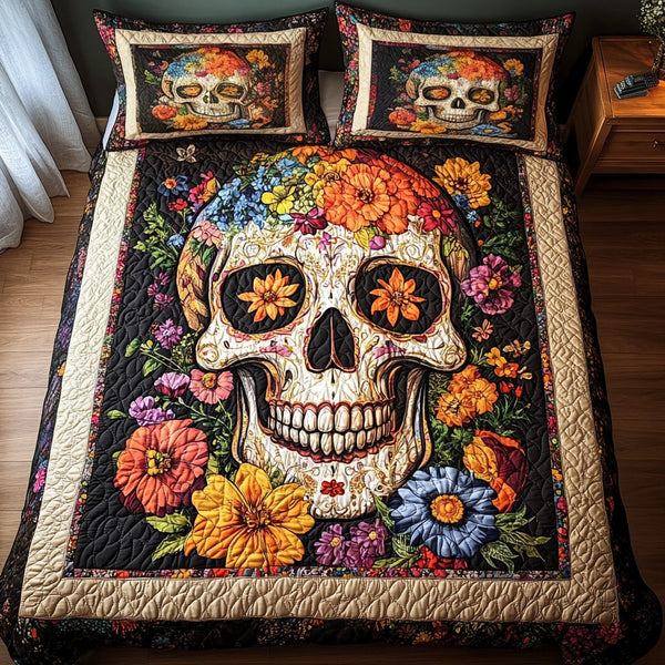 Skull And Blooms quilted 3-piece bedding set on a made bed against a dark styled interior