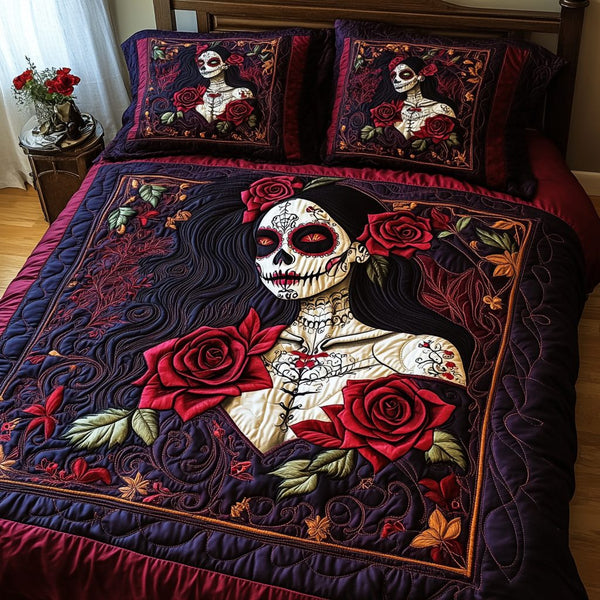 Skull And Blooms quilted 3-piece bedding set on a made bed against a dark styled interior