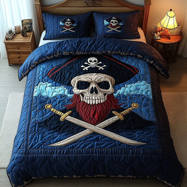 Skull and Crossbones quilted 3-piece bedding set on a made bed against a dark styled interior