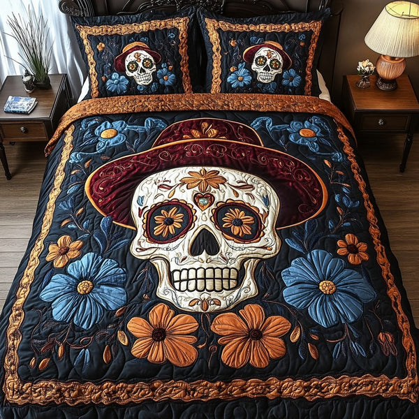 Skull Bloom quilted 3-piece bedding set on a made bed against a dark styled interior