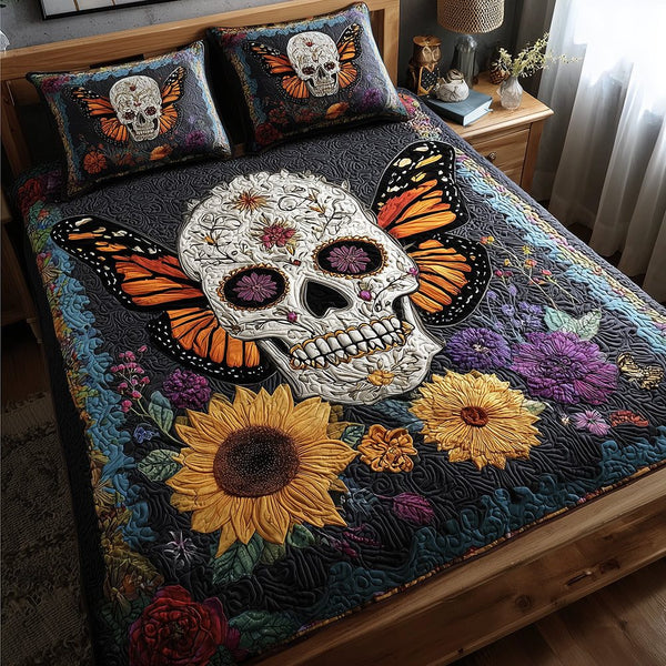 Skull Bloom quilted 3-piece bedding set on a made bed against a dark styled interior