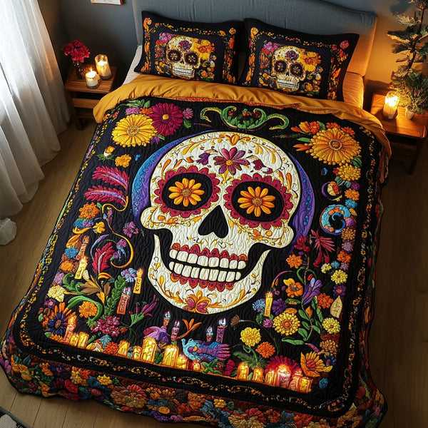 Skull Blossom quilted 3-piece bedding set on a made bed against a dark styled interior