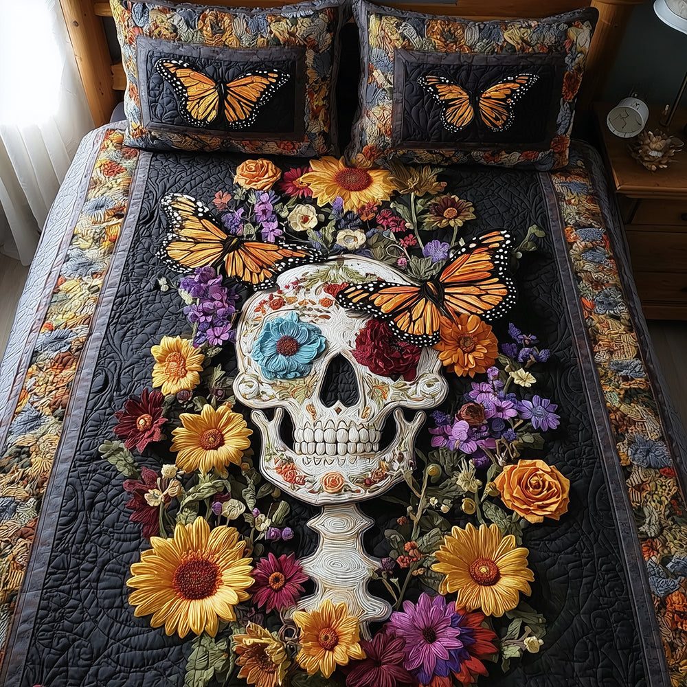 Skull Blossom quilted 3-piece bedding set on a made bed against a dark styled interior