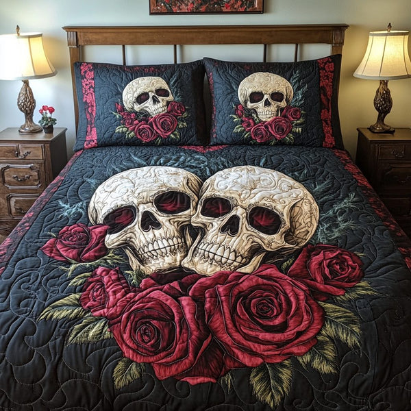 Skull Bouquet quilted 3-piece bedding set on a made bed against a dark styled interior
