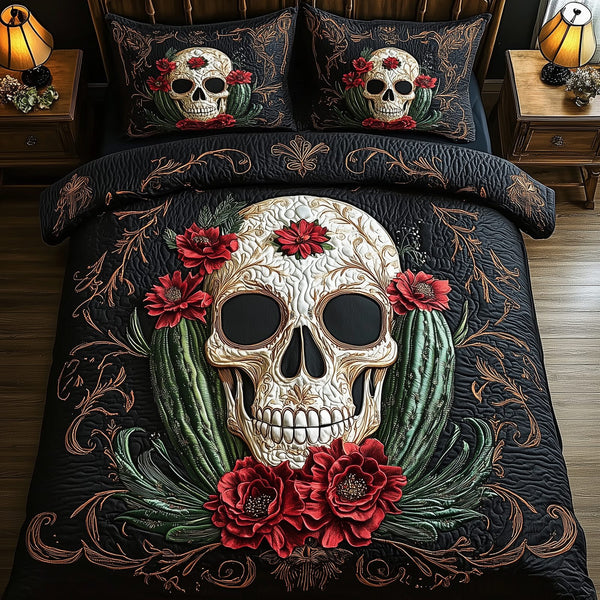 Skull Cactus quilted 3-piece bedding set on a made bed against a dark styled interior