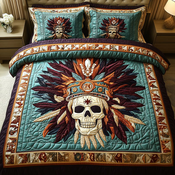 Skull Chief quilted 3-piece bedding set on a made bed against a dark styled interior