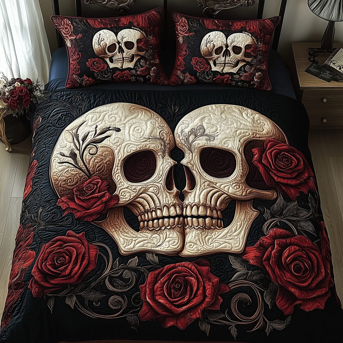 Skull Couple quilted 3-piece bedding set on a made bed against a dark styled interior