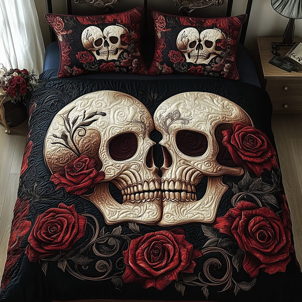Skull Couple quilted 3-piece bedding set on a made bed against a dark styled interior