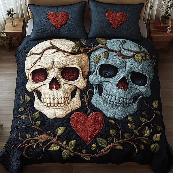 Skull Couple quilted 3-piece bedding set on a made bed against a dark styled interior