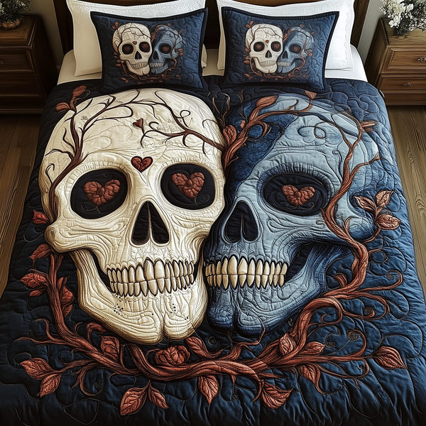 Skull Couple quilted 3-piece bedding set on a made bed against a dark styled interior